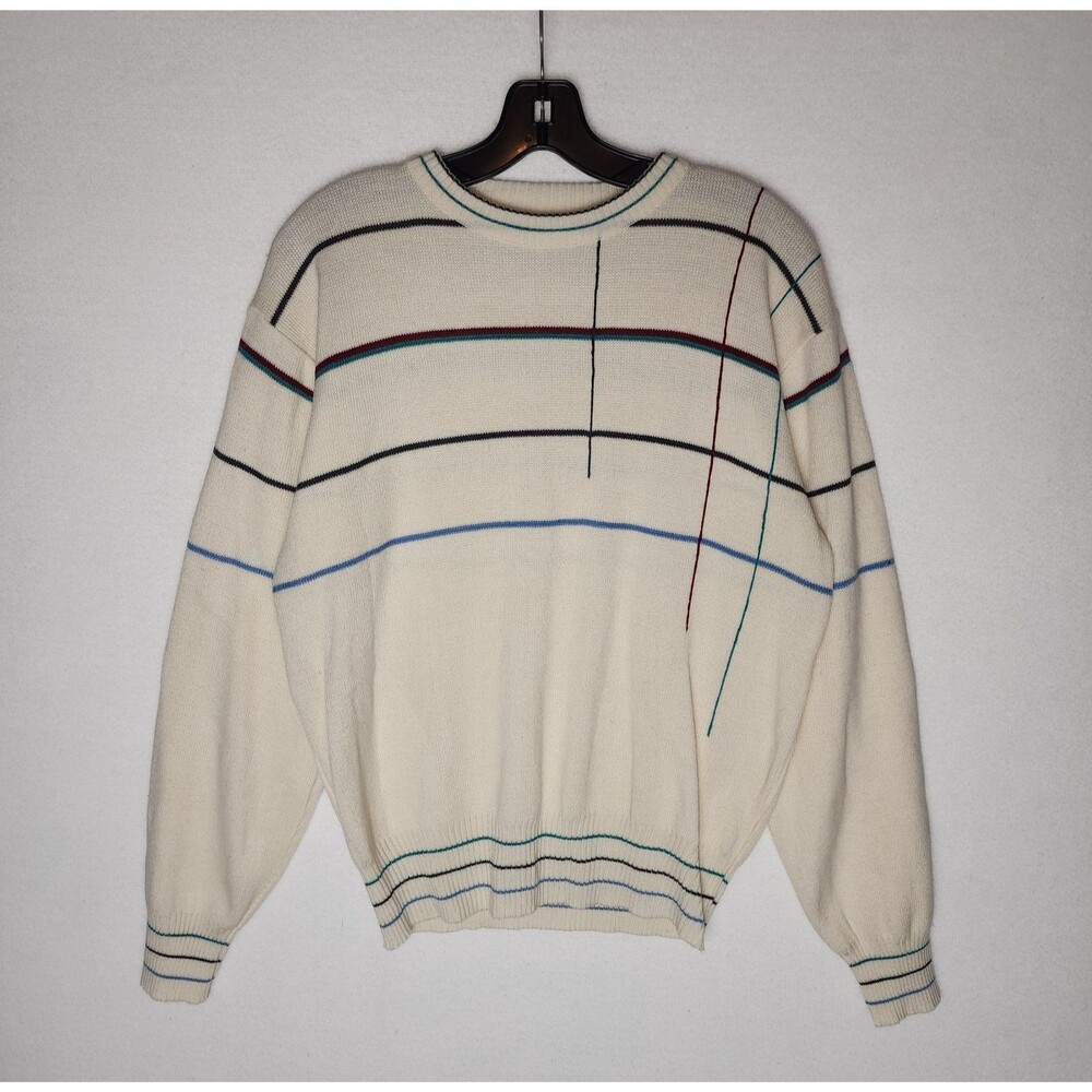 Vintage Par Four Striped Geometric Knit Crewneck Sweater Ivory Womens Large
